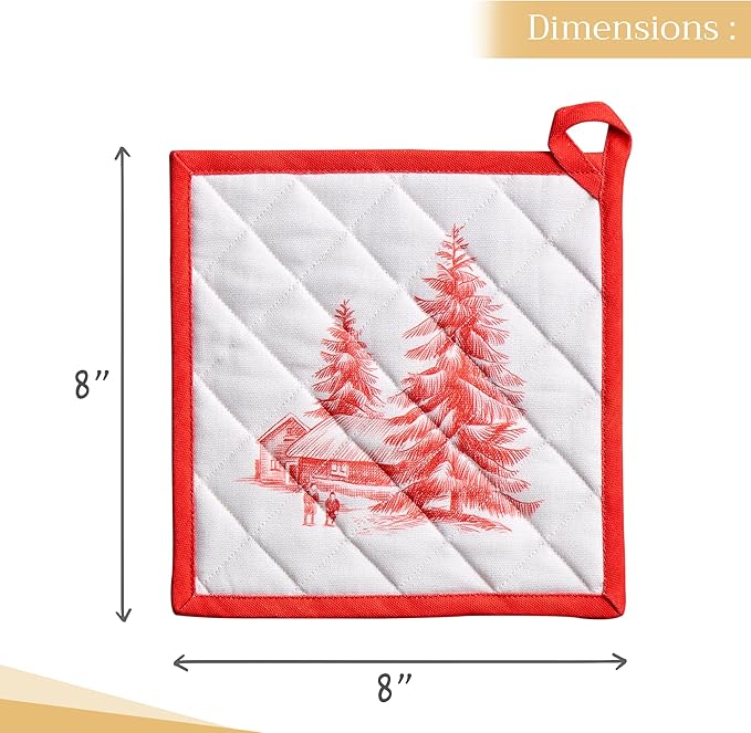 Maison d' Hermine Pot Holders 100% Cotton Heat Resistant Potholders 8" x 8" Hot Pads with Loop BBQ, Cooking, Baking, Grilling, Kitchen, Handling Hot Pans (Pack of 1, Winter Jouy)