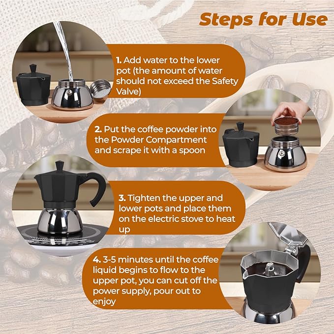 No Coating 4 Cup Aluminum and Stainless Steel Moka Pot Stovetop Espresso Maker Italian Coffee Machine 220ml 7.44oz Suitable for Gas Induction Stovetop Greca Coffee Maker Percolator Black