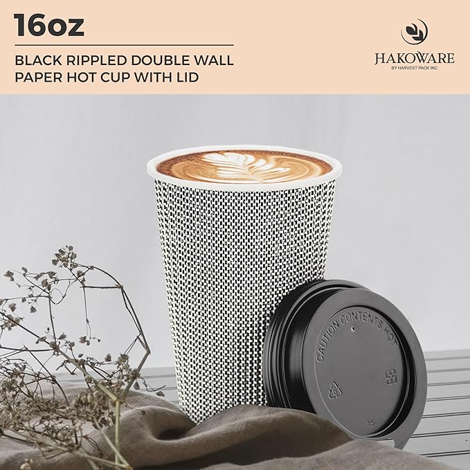 [340 SET]Harvest Pack 16 oz Disposable Coffee Cups, Insulated Ripple Double-Walled Paper Cups with Lids, Black and White Geometric, Bulk Drinking Cups for Tea Hot Chocolate Drinks To go coffee cups