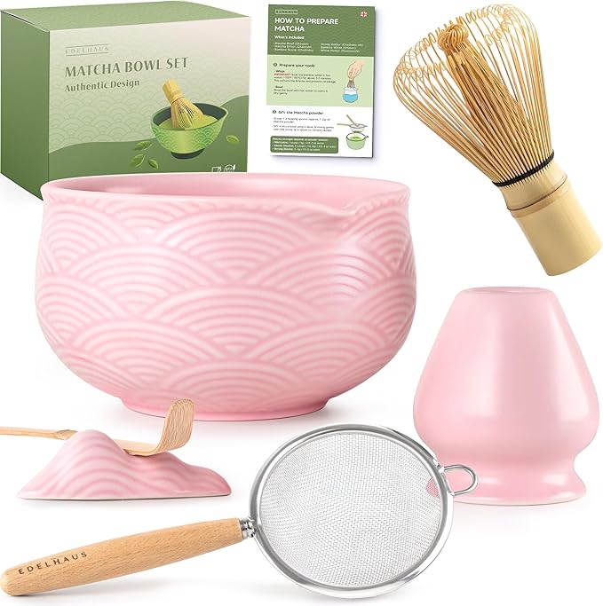 Matcha Whisk Set (7 Pcs) - Complete Matcha Set, Matcha Bowl with Spout, Whisk with Holder, Bamboo Scoop with Rest and Sifter, Perfect Kit for Matcha Lovers (Sakura Pink)