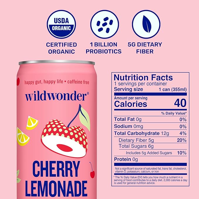 NEW! wildwonder Sparkling Probiotic Drink 12pk, For Gut Health & Immune Support, Cherry Lemonade, 5g Prebiotic Fiber, Live Probiotics, Organic, Vegan, Low Sugar, 12 Pack, 12oz Can, Seen on Shark Tank