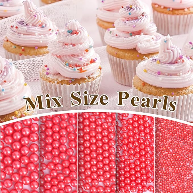 Twisweet Red Pearl Sprinkles for Cake Decorating, Edible Sugar Pearls for Baking, Mix Size, Cake Topper Cupcake Cookie Ice Cream Dessert Decorations, Valentines Birthday Christmas Supplies (130g/4.58oz)