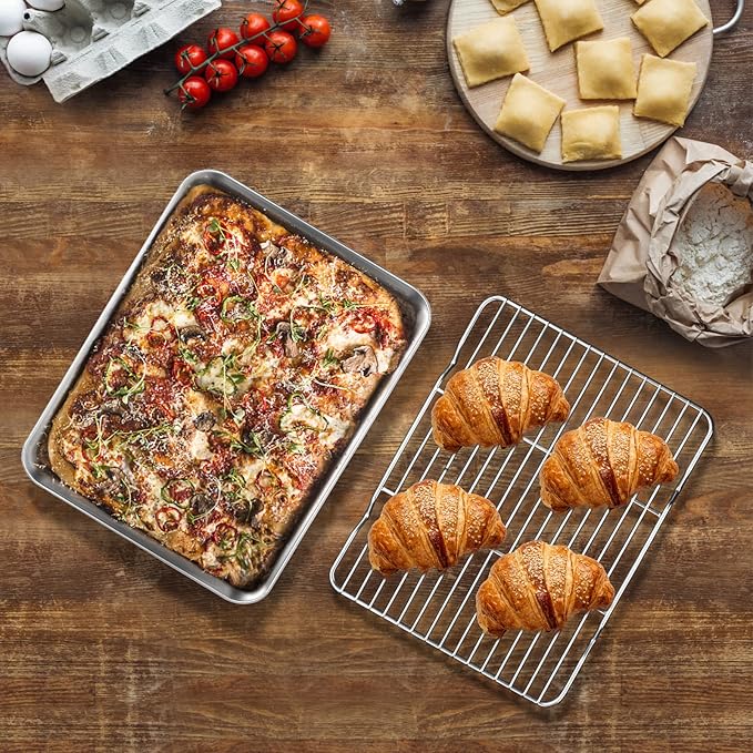 Baking Sheet with Wire Rack Set, Stainless Steel Cookie Sheet Baking Pan Toaster Oven Tray with Cooling Rack, 12.4 x 10 x 1 Inch Quarter Sheet Pan - Non Toxic & Dishwasher Safe