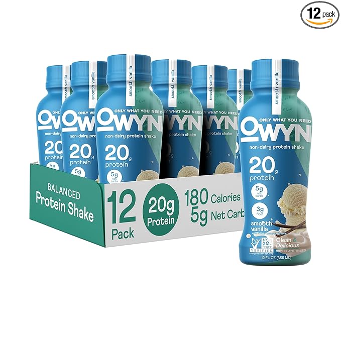 OWYN Only What You Need Plant Based Protein Shake, 20g Vegan Protein from Organic Pumpkin seed, Flax, Pea Blend, Prebiotic supplement, Superfood Greens, all-in-one nutrition, Gluten & Soy-Free (Vanilla, 12 Pack)