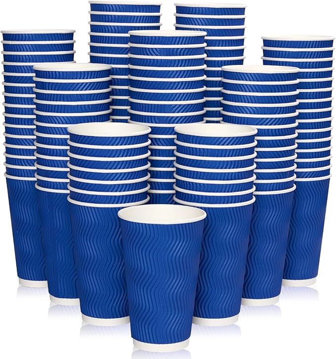 JollyPack 120 Pack 16 oz Paper Coffee Cups, Blue Disposable Beverage Cups with Insulated Ripple Wall for Coffee, Tea, and Hot Chocolate