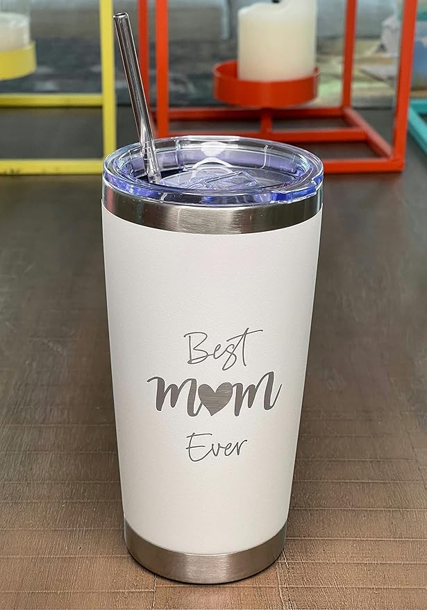 Best Mom Ever Tumbler Gift. 20 Oz Insulated Stainless Steel With Lid, Straw & Brush. Gift Idea For Mom Birthday, Mother's Day Gift Travel Mug Or New Mom Christmas Gift. Laser Engraved.(White)