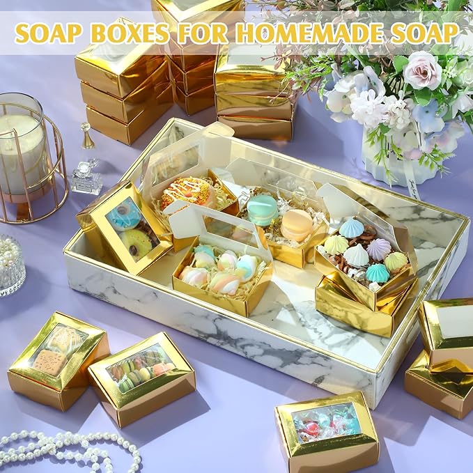 Zonon 30 Pcs Soap Boxes for Homemade Packaging, Mini Kraft Treat Boxes with Window for Bakery Candy Soap Making Gift Packaging(3.7 x 2.6 x 1.37 Inch,Gold)