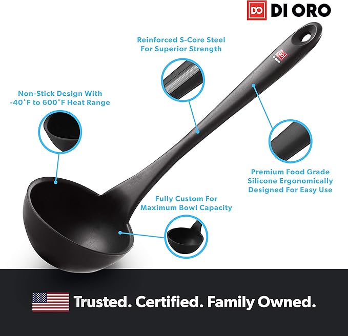 DI ORO Silicone Ladle – Soup Ladle for Cooking & Serving Heat-Resistant - Large Kitchen Soup Ladle Nonstick Cookware Safe - Soup Serving Spoon with Wide Bowl - Silicone Utensil Dishwasher Safe (Black)