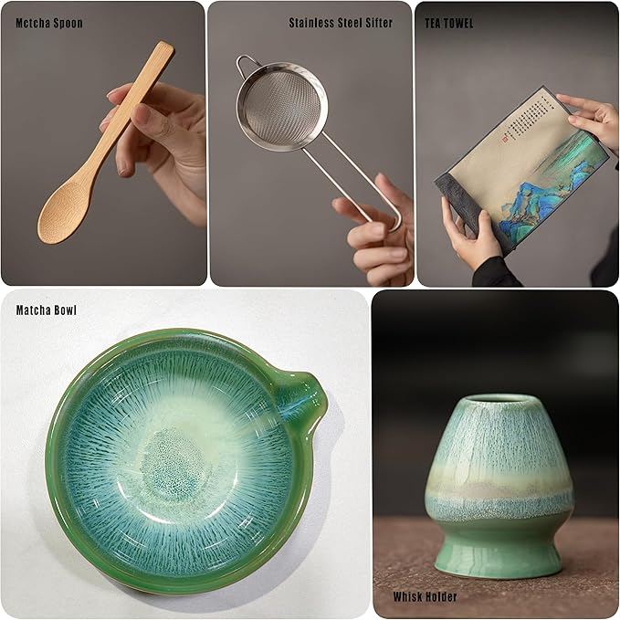 Matcha Whisk Set with Ceramic Bowl - Bamboo Whisk (Chasen), Scoop, Sifter & Holder - Complete Kit for Traditional Matcha Tea - Unique Gifts for Women, Men, Tea Lovers (Green)