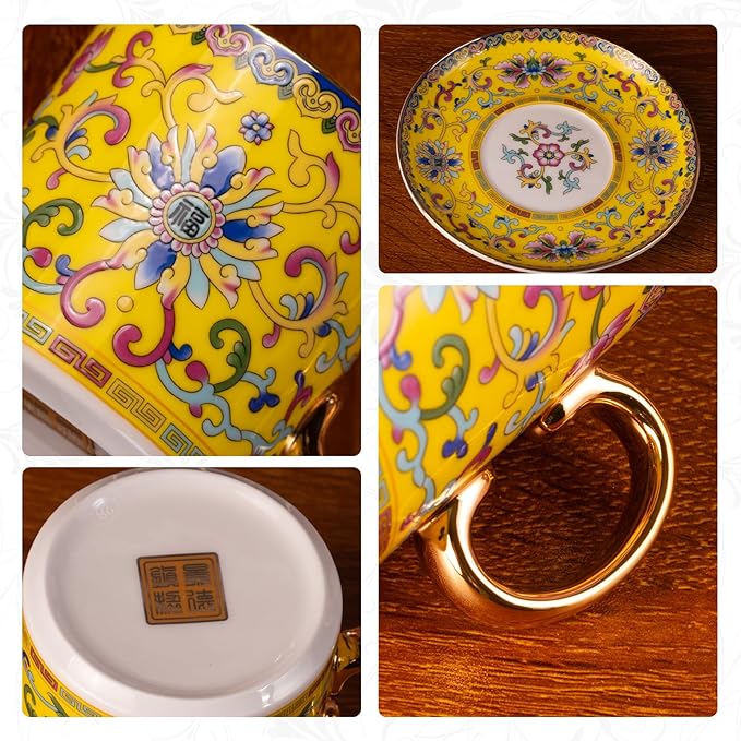 KAMMAK Tea Cups and Saucers Set of 2, Porcelain Coffee Cups with Saucer for Espresso, Cappuccino, 7oz Vintage Yellow and Blue Ceramic Demitasse Mug for Home, Tea Party, Office