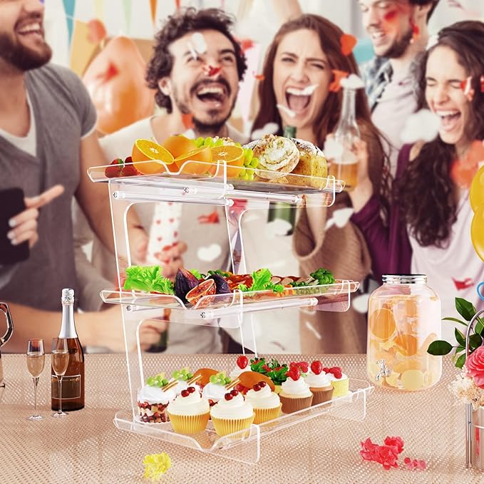 3 Tier Acrylic Serving Tray, 15.3" x 7.1" Dessert Table Display Set Stand for Party, Desserts, Fruits, Cookies – Reusable Collapsible Tiered Platters for Cupcakes, Veggies, and Sweet Treats