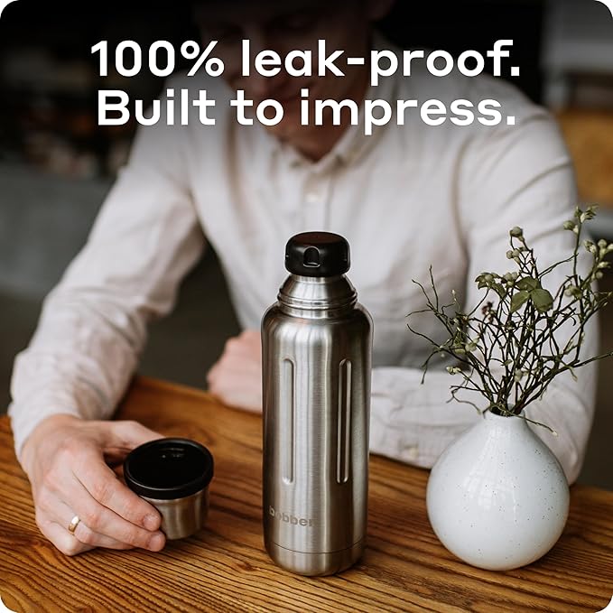 BOBBER 16 oz Vacuum Insulated Stainless Steel Water Bottle with Cup Lid – Dishwasher Safe – Keeps Drinks Hot for 24 Hours and Cold for 36 Hours – Triple Walled Coffee Thermos for Hot Drinks (Matte)