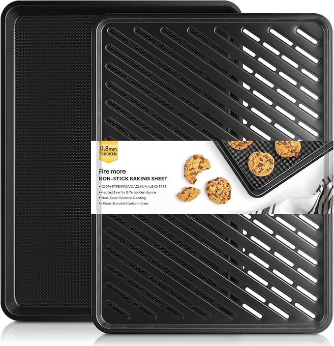 Cookie Sheet for Baking with Wire Rack, Thicker Carbon Steel Half Baking Sheet Pan Set Non Stick, Cooling Rack for Cooking and Baking, 17.5 x 13 Inch Ceramic Cookie Tray