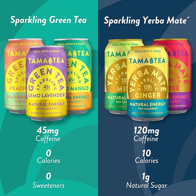 Sparkling Mint Yerba Mate by Tama Tea - Unsweetened Natural Energy Drink with Real Fruit & Herbs - Healthy Caffeine Drink Alternative - 120mg of Brain-Boosting Caffeine, 10 Calories - 12oz Pack of 12