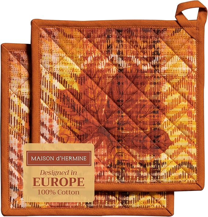 Maison d' Hermine Pot Holders 100% Cotton Heat Resistant Potholders 8" x 8" Hot Pads with Loop BBQ, Cooking, Baking, Grilling, Kitchen, Handling Hot Pans (Pack of 1, Thanksgiving Tartan)