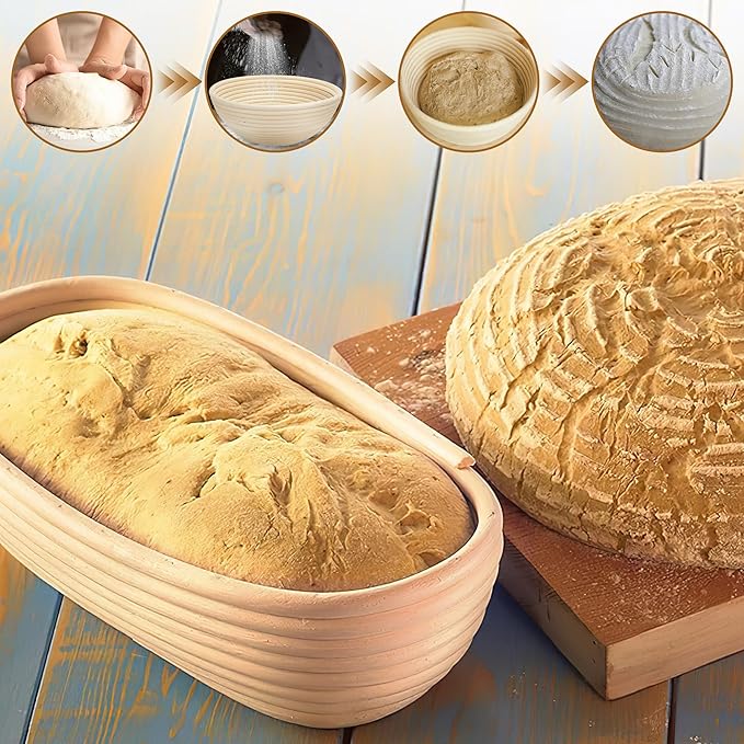 Banneton Bread Proofing Basket 8.5 Inch Sourdough Baking Rising Banaton Proofer Box Warmer Baskets Round Bowl Cover Bowls Making Small Bulk Set of 2 Kit Supplies Tools Rattan for Home Bakers Gifts