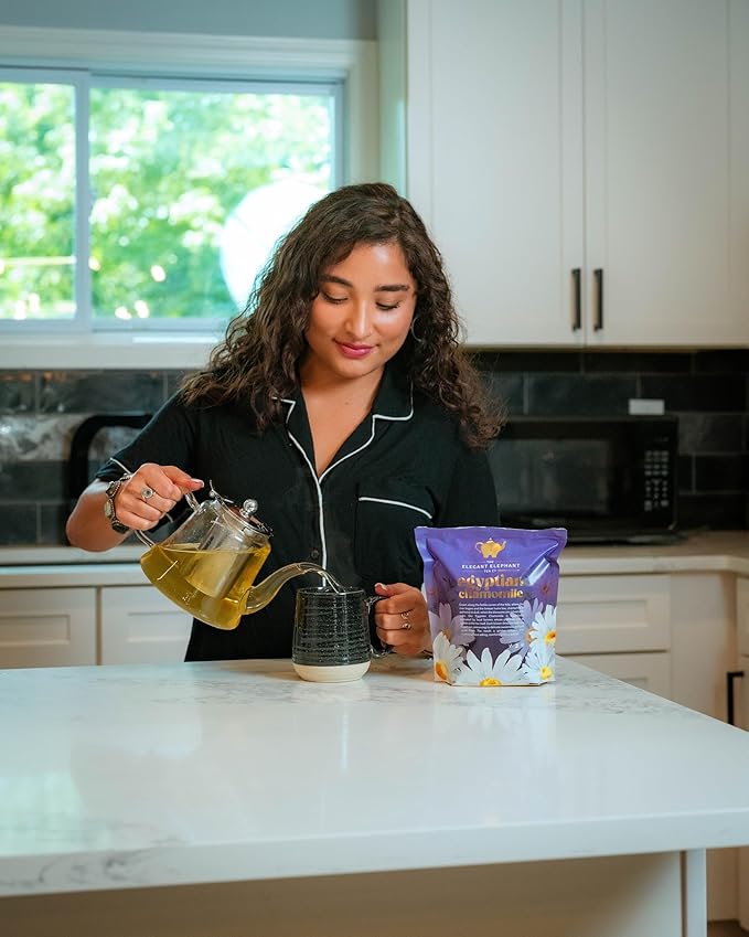 Egyptian Chamomile Tea, Organic Loose Leaf Herbal Tea – Cozy, Calming – Supports Stress Relief, Relaxation & Sleep – 4 oz Resealable Bag (Makes 50 Cups) – The Elegant Elephant