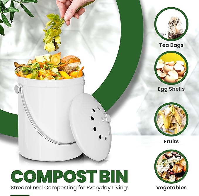 Utopia Kitchen Compost Bin for Kitchen Countertop, 1.3 Gallon Compost Bucket for Kitchen with Lid, Includes 1 Spare Charcoal Filter (White)