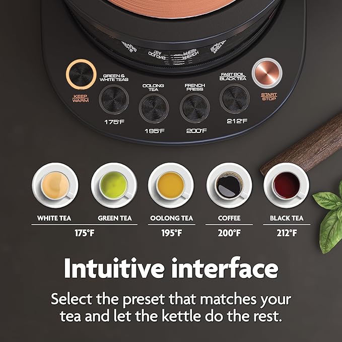 Vianté Luxury Tea Set. Electric Kettle with Infuser for Loose Leaf And Ceramic Serving Set. Teapot and Cup Set with Wooden Tray. Excellent Gift Idea For Tea Lovers.
