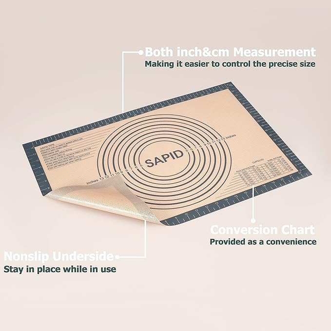 Non Slip Silicone Pastry Mat Large with Measurements for Non-stick Dough Rolling, Pie Crust, Pastry Roll Out, Cookies,Bread and Silicon Kneading Mat (16" x 24", Gray)