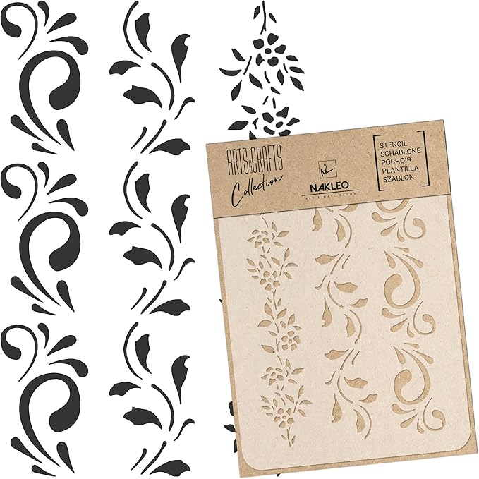 NAKLEO Painting Stencil for Crafts A5 5.9” x 8.3”, Border Flower Plant Pattern, Reusable Plastic DIY & Scrapbooking Drawing Template, Decoupage Art Home Decor, Wall Wood Fabric Furniture