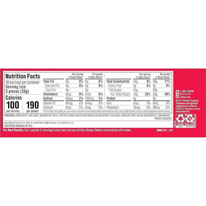 CLIF BLOKS - Strawberry Flavor - Energy Chews - Non-GMO - Plant Based - Fast Fuel for Cycling and Running - Quick Carbohydrates and Electrolytes - 2.12 oz. (18 Count)