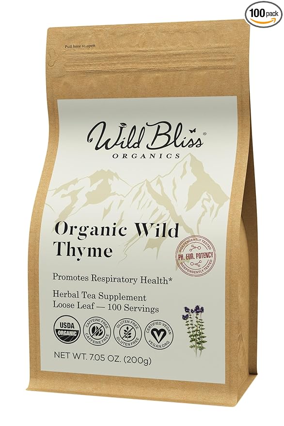 Wild Bliss Organic Wild Breckland Thyme Tea - Caffeine Free Loose Leaf Herbal Tea - Resipratory and Digestion Support - 7.05 Oz - 100 Servings