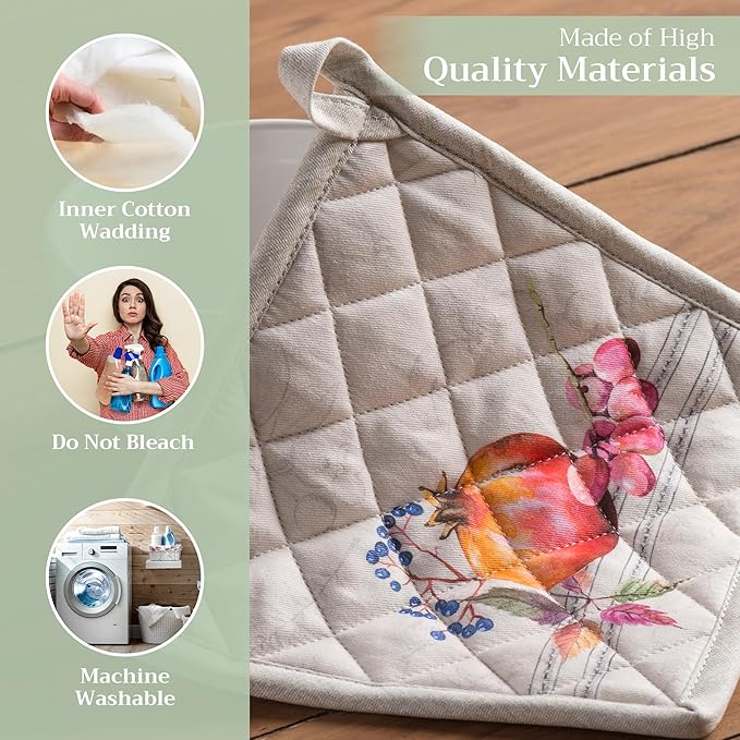 Maison d' Hermine Pot Holders Set 100% Cotton Heat Resistant Potholders 8" x 8" Hot Pads with Loop BBQ, Cooking, Baking, Grilling, Kitchen, Handling Hot Pans (Pack of 2, Fruit D'Hiver)