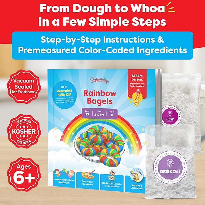 Baketivity Rainbow Bagel Kids Baking Kit - Baking Kits for Kids with Premeasured Ingredients, Step-By-Step Instructions, Video Guide, and STEM Lessons - Kids Cooking Kit for Ages 6-12+