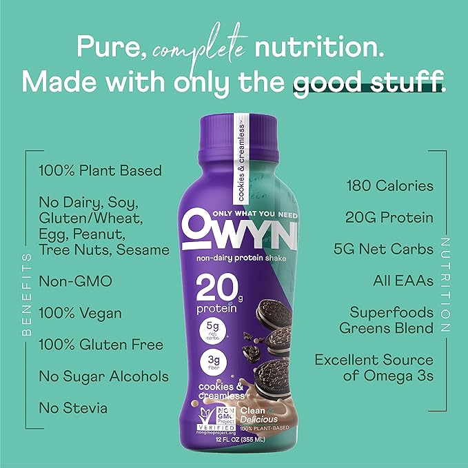 OWYN Only What You Need Plant Based Protein Shake, 20g Vegan Protein from Organic Pumpkin seed, Flax, Pea Blend, Prebiotic supplement, Gluten & Soy-Free (Vanilla Variety Pack, 12 Pack)
