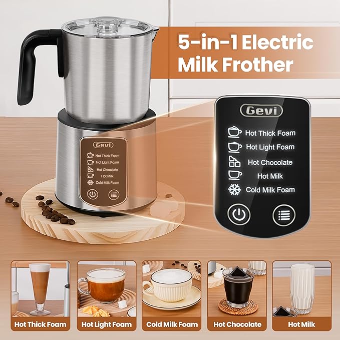 Gevi Hot Chocolate Maker with 5 in 1 Milk Frother and Steamer, Professional Milk Steamer, 17 oz/3.5 oz, Stainless Steel, Hot and Cold Milk Frother for Latte, Macchiato, Cappuccino and Hot Chocolate