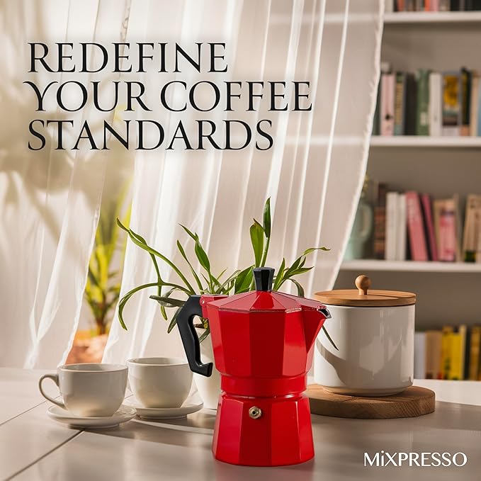 Mixpresso Red 3 Cup Moka Pot Cuban Coffee Maker, Moka Pot for Gas, Electric Stove Top, Classic Italian Coffee Maker, Stovetop Espresso Maker, Camping Pot Makes 3 Espresso Cup 5 Oz