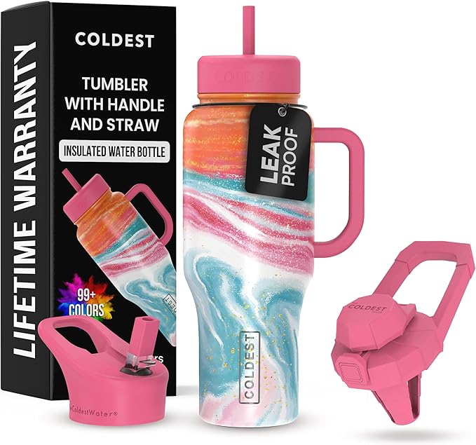 Coldest 40 oz Tumbler with Handle and Straw - 100% Leak Proof Insulated Tumbler with Lid and Straw (3 Lids) - Stainless Steel Tumblers for Women & Men - Cup Holder Friendly Base, 36 oz (Amethyst)