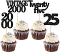 Gyufise 24Pcs 25th Birthday Cupcake Toppers Glitter Twenty-five Vintage 2000 Cheers to 25 Cupcake Picks Hello 25 Years Birthday Cake Decoration for Happy 25th Birthday Anniversary Party Supplies Black