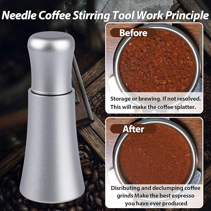 WDT tool, Espresso Distribution tools, 10 x 0.35mm 304 Stainless Steel Needles Installed with 10 Extra needles for Espresso Stirrer Replacement, Aluminum Alloy Handle with Stand (Matte Silver)