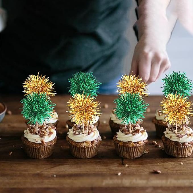 40 PCS Foil Firework Cupcake Toppers Fireworks Cupcake Picks Sparkle Tinsel Cake Decorations Cocktail Fruit Toothpick for Firework Theme Birthday Wedding Graduation Party Decor Supplies Gold Green