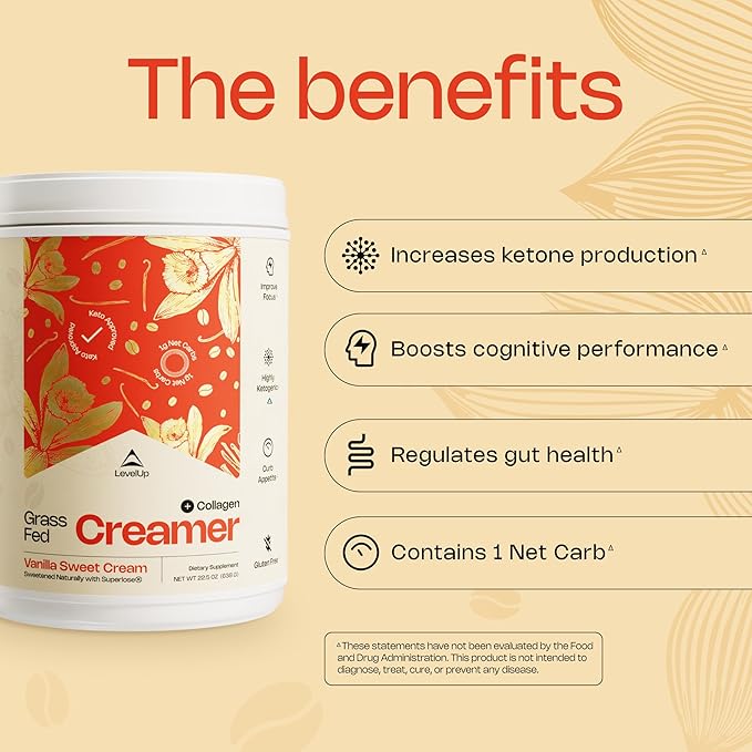 LevelUp Creamer, with Energizing MCT Oil and Collagen Peptides, Keto Coffee Creamer, Supports Natural Energy & Ketone Production - Vanilla Sweet Cream, 11 oz