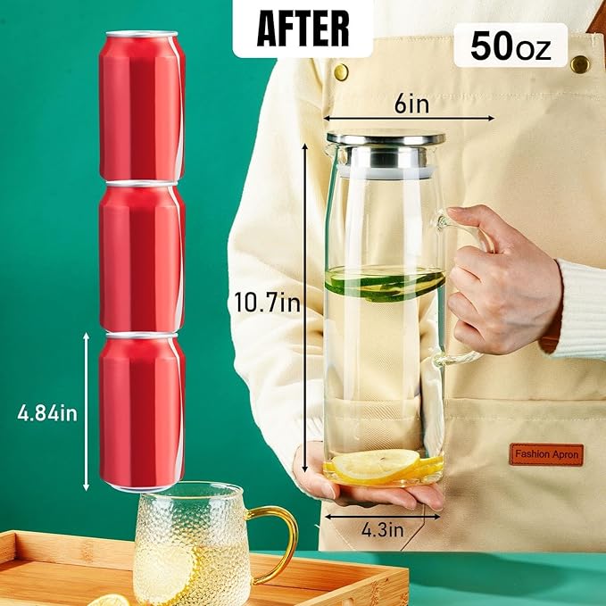 PARACITY Glass Pitcher with Lid and Spout 50oz/ 1.5L, Hot/Cold Water Pitcher, Iced Tea Pitcher for the Shelf of Fridge, Easy to Clean, High Borosilicate Glass Pitcher for Lemonde, Juice and Milk