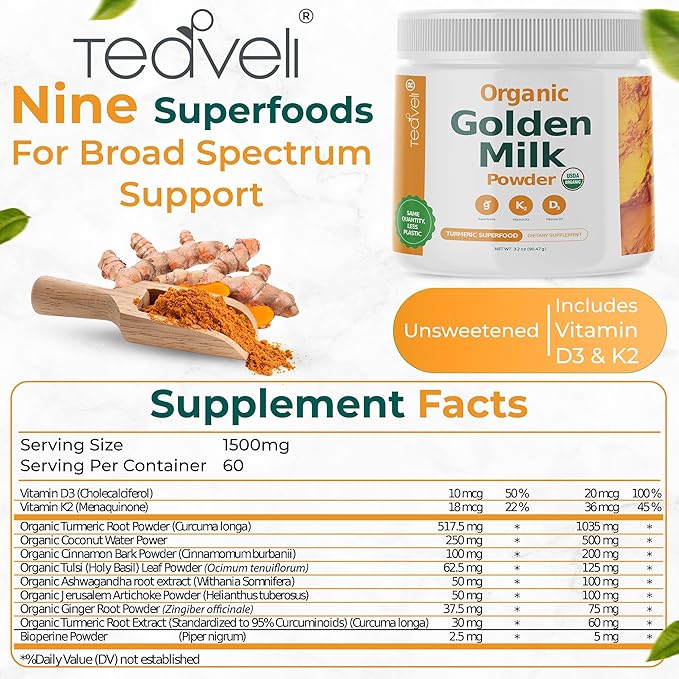 Organic Golden Milk Powder with Vitamins D3 & K2, Turmeric, Ginger, Curcumin, Cinnamon, KSM66 Ashwagandha, Holy Basil & Natural Prebiotics– Delicious Unsweetened Turmeric Tea Latte - 3 Pack