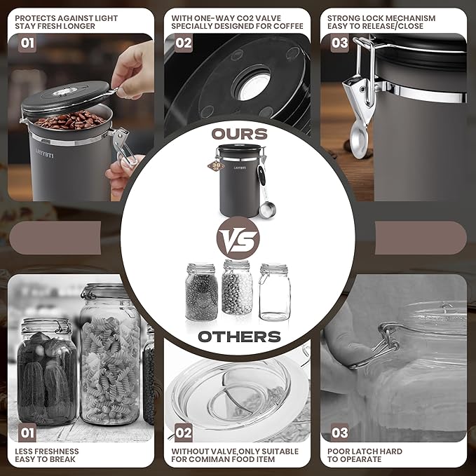 38oz Airtight Coffee Canister,Stainless Steel Coffee Bean Storage Container with Scoop Date Tracker & CO2 Release Valve for Beans, Grounds and more- Gray