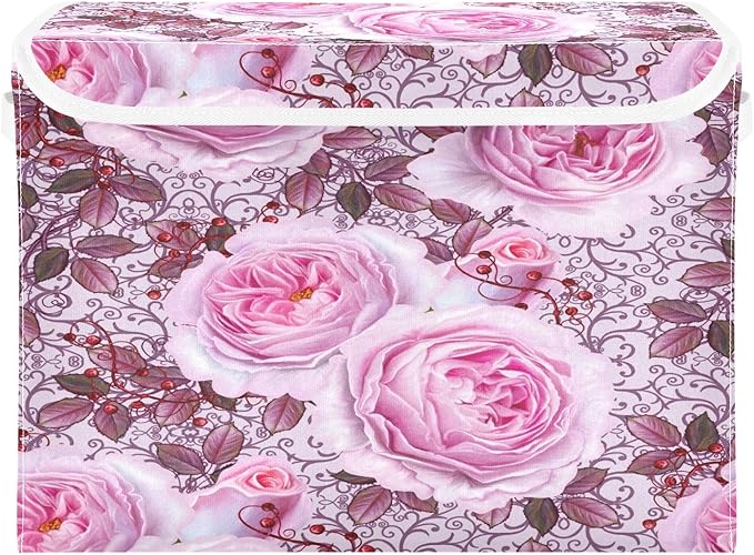 susiyo Beautiful Delicate Pink Roses fabric storage baskets with lids,Collapsible Storage Boxes,Foldable storage boxes with handles for Home,Office,Closet Organization