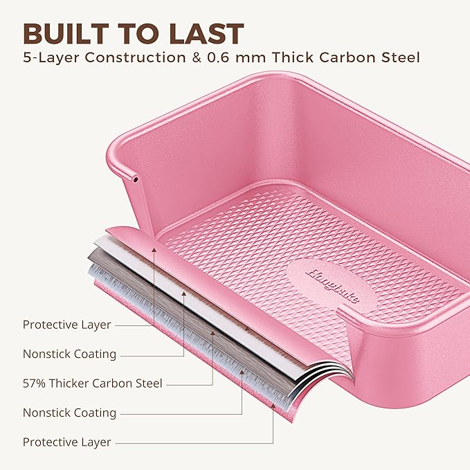 HONGBAKE 9-Piece Baking Pans Set Nonstick, Stackable Non Toxic Bakeware Sets with Diamond Texture, Oven Pan Set for Cooking, Includes Cookie Sheet with Rack, Cake Pan, Roasting Pan, Muffin Tin, Pink