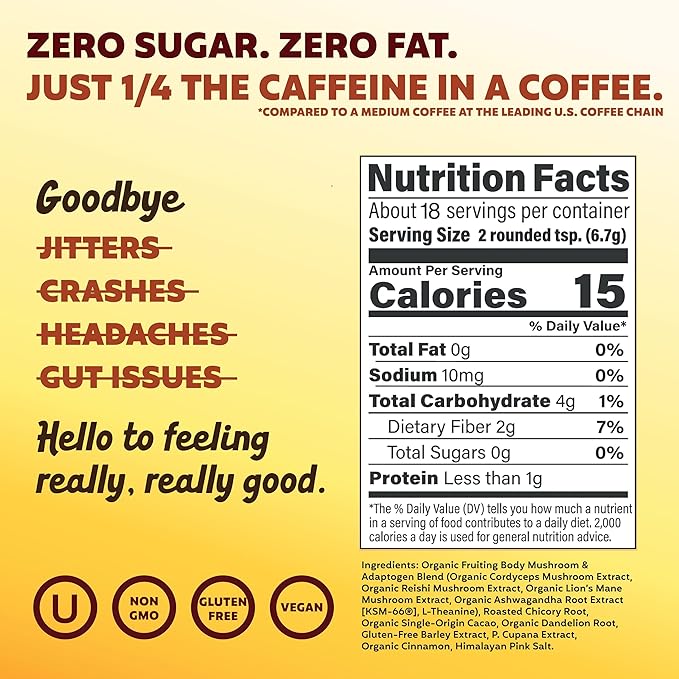 Joe'y Mushroom Coffee Alternative with Cacao and Dandelion Root, Chicory Coffee Substitute with Adaptogenic Superfoods, Vegan Gluten-Free Drink for Focus and Clean Energy without Jitters, 18 Servings
