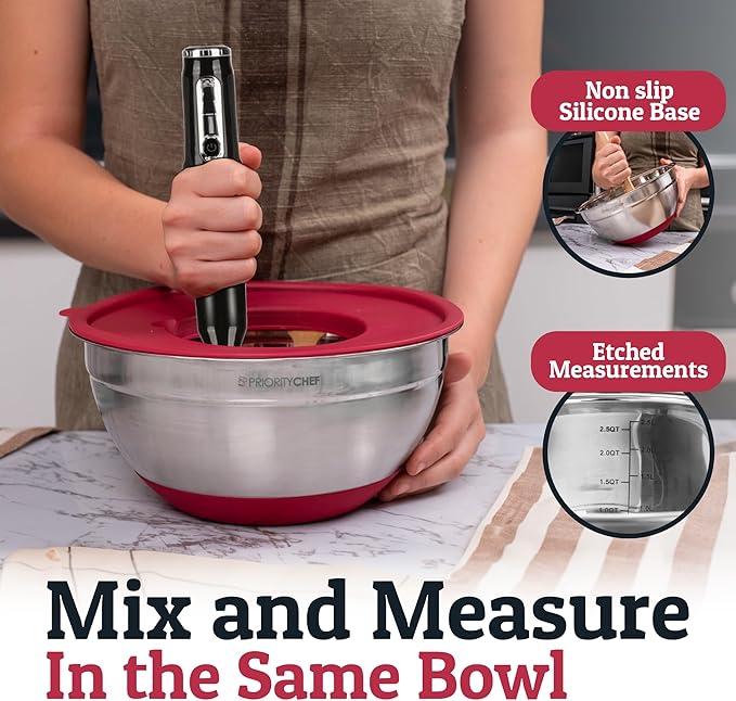Priority Chef Stainless Steel Mixing Bowls with Lids Set - Premium 30Pcs with 6pc Metal Bowl Set for Kitchen, 3 Graters, Airtight Lids, Non-Slip Bases & Silicone Utensils, Red