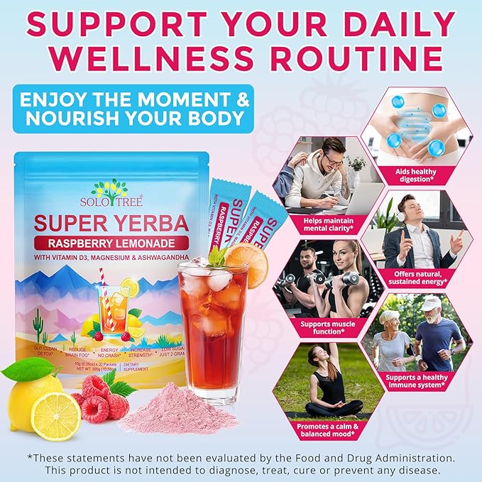 Yerba Mate Instant Tea Powder -Super Yerba Mate 30 Servings with Vitamin D3, Magnesium & Ashwagandha | Energy, Focus & Digestive Health | Low Sugar