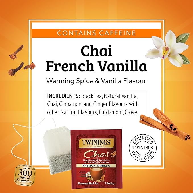 Twinings French Vanilla Chai Black Tea Individually Wrapped Bags, 20 Count (Pack of 6), Warm, Sweet & Spicy, Caffeinated, Enjoy Hot or Iced, 120 Teabags