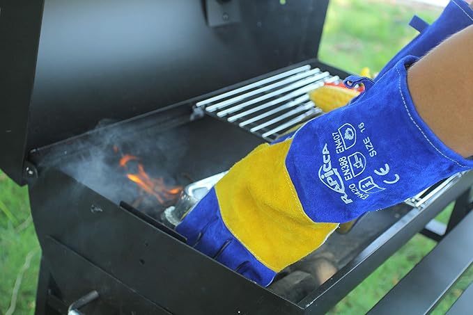 Welding Gloves Fire Heat Resistant: Blue 16IN 932℉ - Fireproof Leather For Stick Mig Flux-Core Welder Forge Blacksmith Fireplace Wood Stove Fire Pit Grill Oven Furnace Handling Dry Ice - Birthday Gift