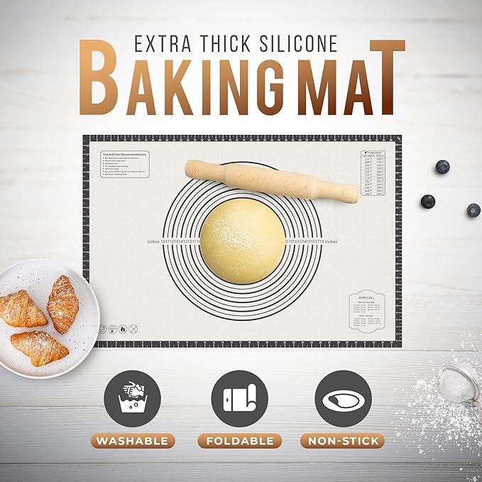 36 * 24 inches Black, Non-Slip Silicone Baking Sheets - Baking Mat with 0.7mm Thickness - Non-Stick Pastry & Cookie Mat for Kitchen Counter for Rolling Out Dough with Measurements.