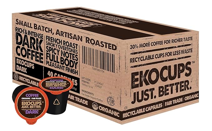 EKOCUPS Organic Dark Roast Coffee Pods, Strong Bold Dark Roast Flavor - USDA Certified Organic - Single Serve Cups for Keurig K Cups Coffee Makers, Box of 40 Recyclable Capsules