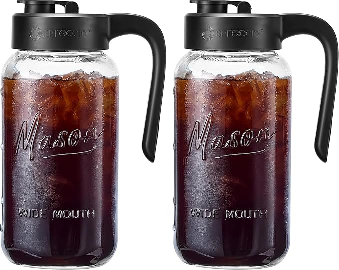 Mason Jar Pitcher - Airtight & Leakproof Glass Pitcher with Lid[set of 2], Perfect for Breastmilk, Cold Brew, and Sun Tea, 2 Quart (64 oz) Mason Jar with Pour Spout Lid